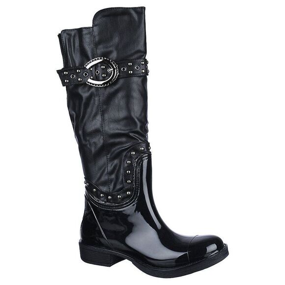 Shoes - Women's Rivet Studded Shiny Black Rubber Rain Boot Rainboot
